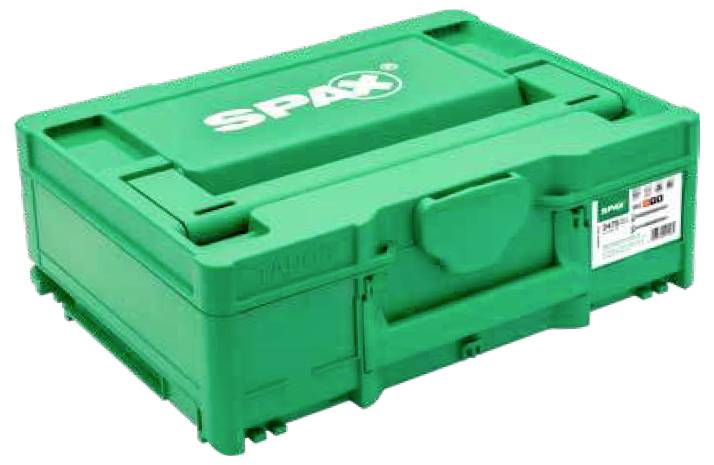 Grüne SPAX-Verpackung mit Tragegriff, darauf ist das SPAX-Logo sichtbar.