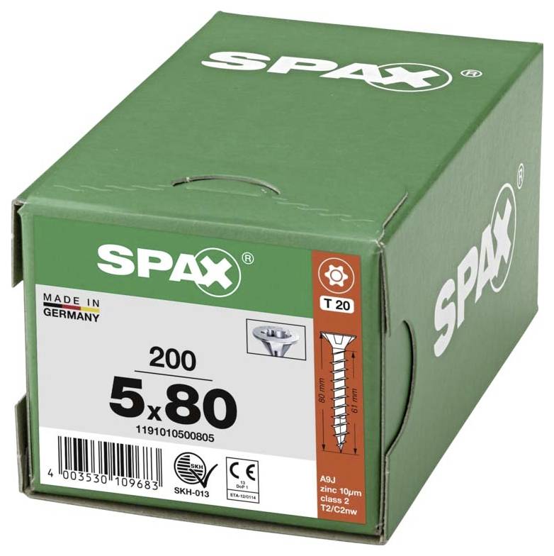 Grüne Schachtel mit SPAX-Logo, enthält 200 Schrauben, Größe 5x80 mm, hergestellt in Deutschland.