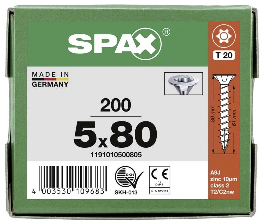 'Grüne SPAX-Schraubenverpackung, 5x80, T20 Antrieb, 200 Stück, Made in Germany, mit Bild der Schraube und Längenangabe.'