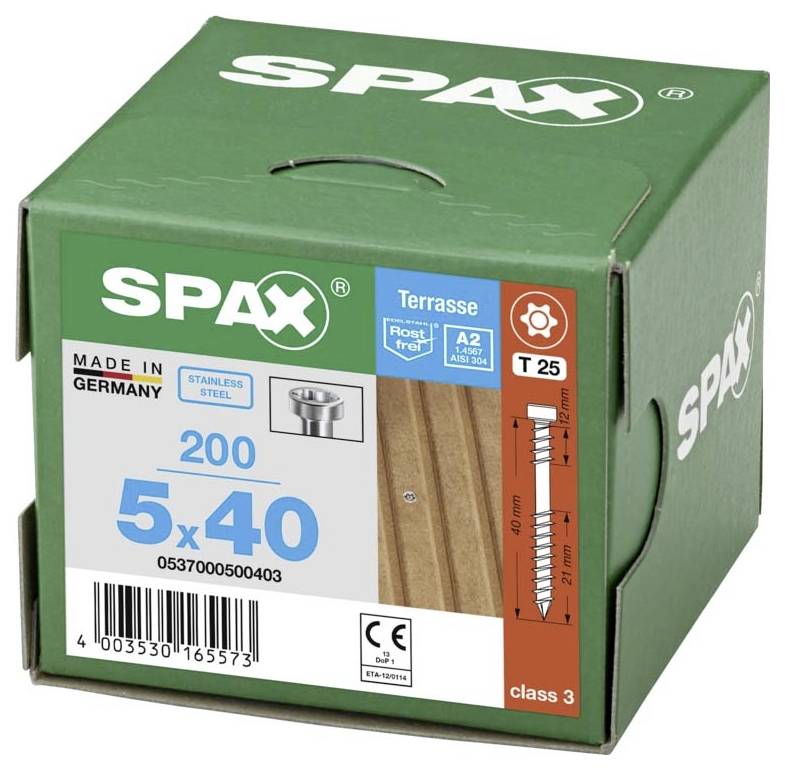 Grüne Schachtel mit Schrauben der Marke SPAX, Edelstahl, Größe 5x40 mm, für Terrasse, hergestellt in Deutschland. Enthält 200 Stück.