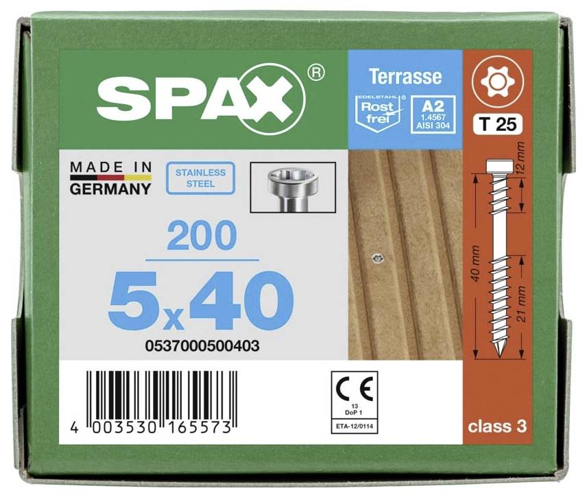 Karton einer SPAX-Schraube für Terrassenbau. Maße: 5x40 mm. Edelstahl, rostfrei. Geeignet für Klasse 3. Enthält 200 Stück.