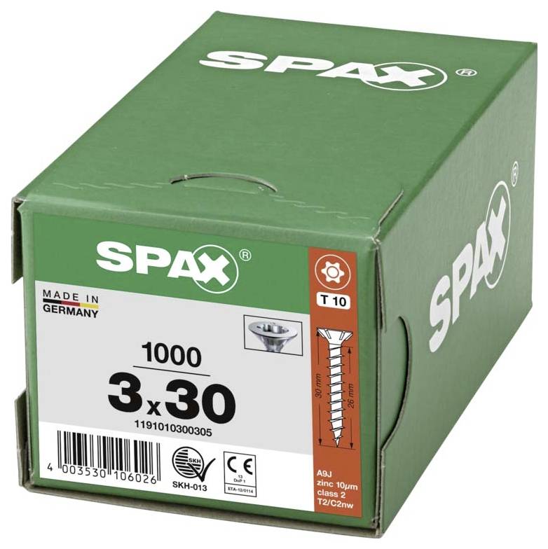 Ein grüner Karton mit der Aufschrift 'SPAX' enthält 1000 Schrauben der Größe 3x30, hergestellt in Deutschland, T10, Zink beschichtet.