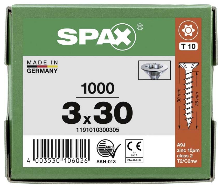 Grüne SPAX-Schraubenverpackung mit Aufschrift '3x30', enthält 1000 Schrauben. Schraubenformat, Herkunft und Technische Details abgebildet.