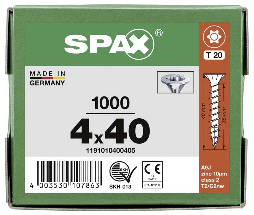 'SPAX Schrauben, 4x40mm, 1000 Stück, T20. Hergestellt in Deutschland, verzinkt, Klasse 2, für Holzbau.'
