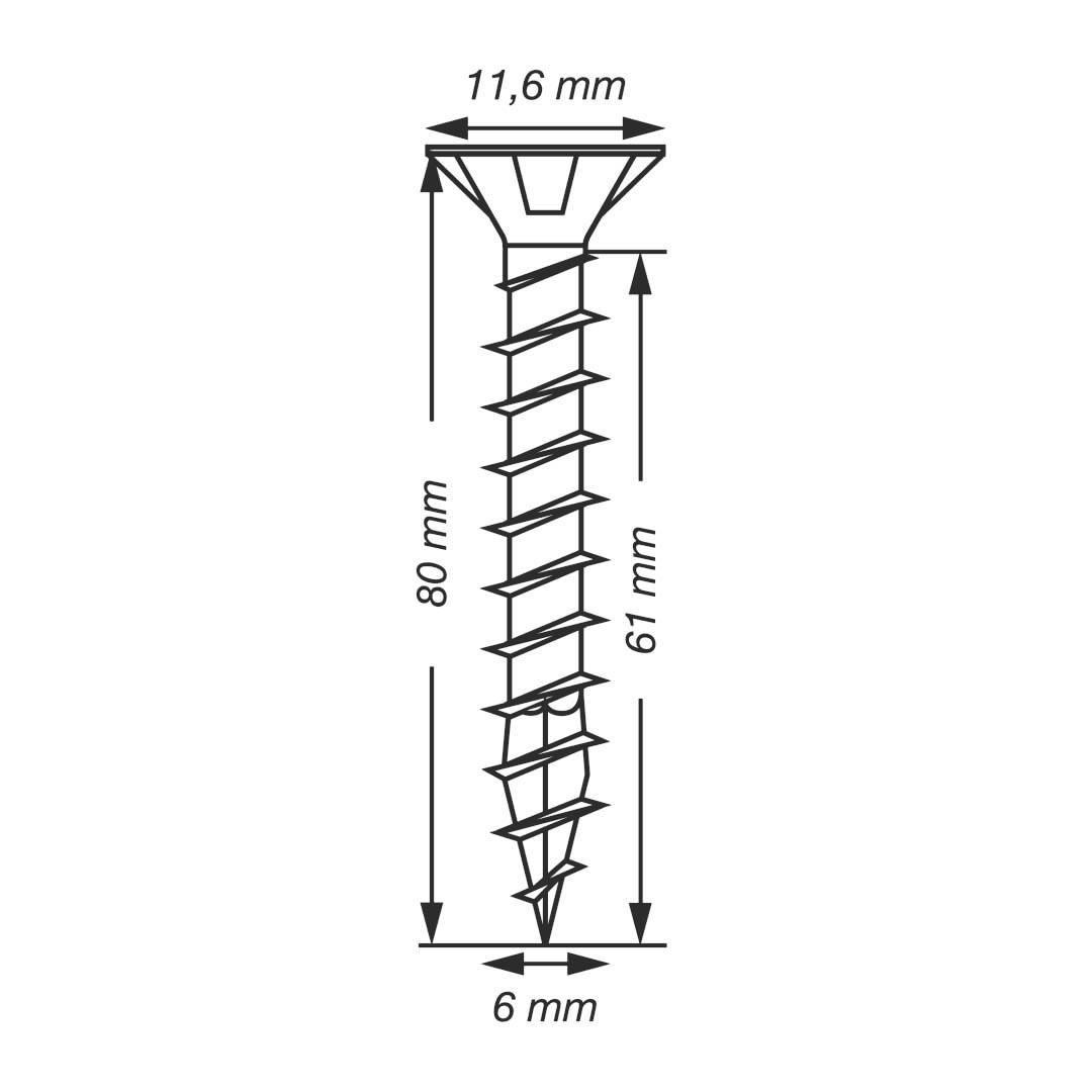 Abbildung eines Schraubenprofils mit Maßen: Gesamtlänge 80 mm, Gewindelänge 61 mm, Kopfdurchmesser 11,6 mm, Schaftdurchmesser 6 mm.