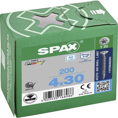 SPAX 1197000400303 R 88091 Senkkopf T-STAR Holzschraube 4 mm 30 mm T-STAR plus Edelstahl A2 200 St.