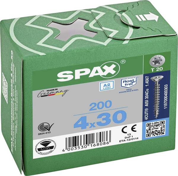 SPAX 1197000400303 R 88091 Senkkopf T-STAR Holzschraube 4 mm 30 mm T-STAR plus Edelstahl A2 200 St.