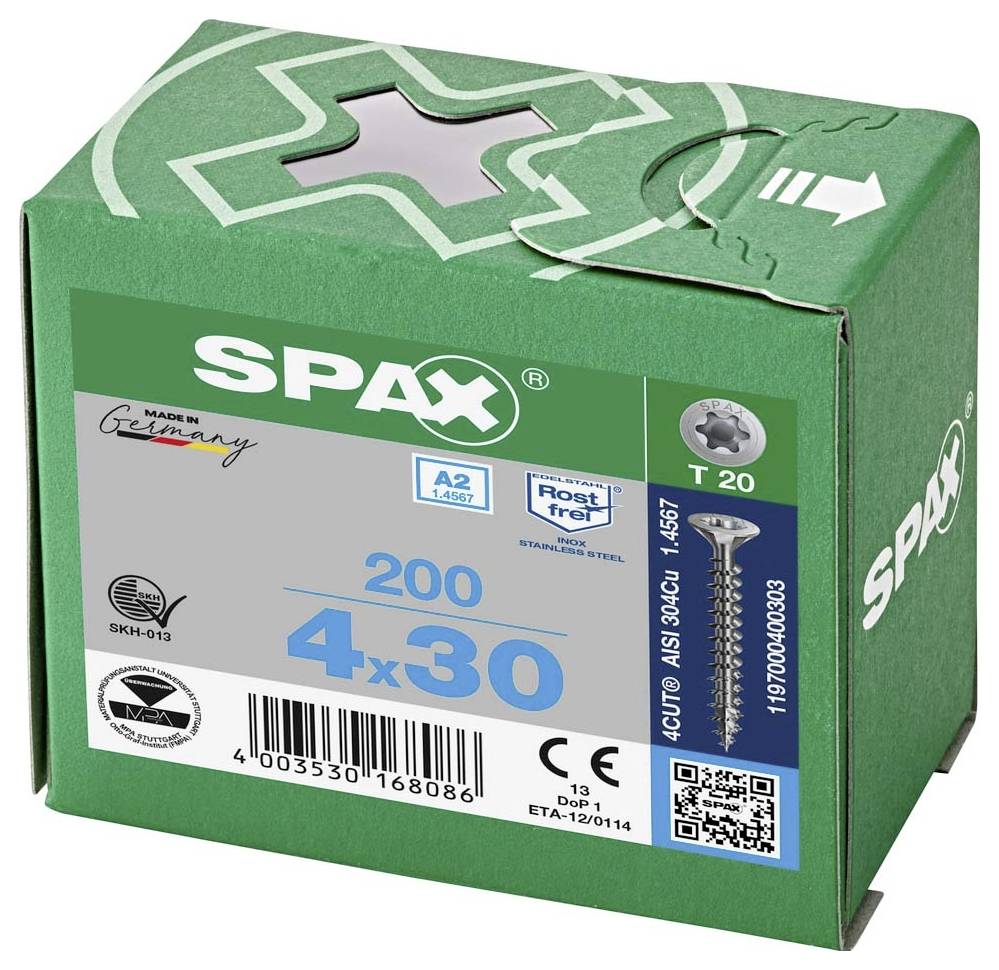 Ein grüner Karton mit 200 SPAX-Schrauben, Größe 4x30 mm, rostfrei, aus Edelstahl, mit T 20-Antrieb. Made in Germany.
