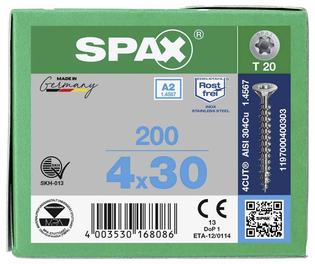Eine grüne SPAX-Schraubenschachtel mit dem Logo, 'Made in Germany', Edelstahlsymbol, und einem QR-Code. Enthält 200 Stück, Größe 4x30 mm.