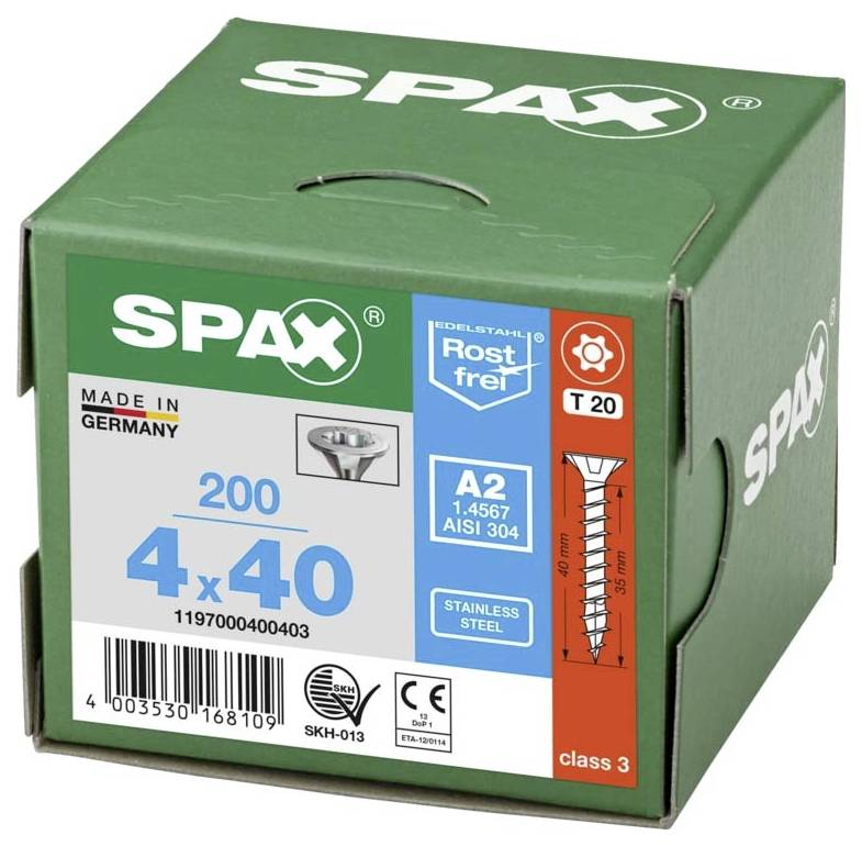Eine grüne Box der Marke SPAX mit 200 Schrauben. Aufdruck 'Made in Germany', Edelstahl, Größe 4x40 mm, rostfrei, T20.