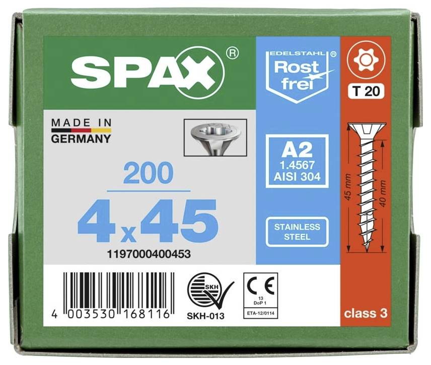 'Schraubenverpackung mit dem Text: SPAX, 4x45 mm, Edelstahl, rostfrei, 200 Stück, hergestellt in Deutschland.'