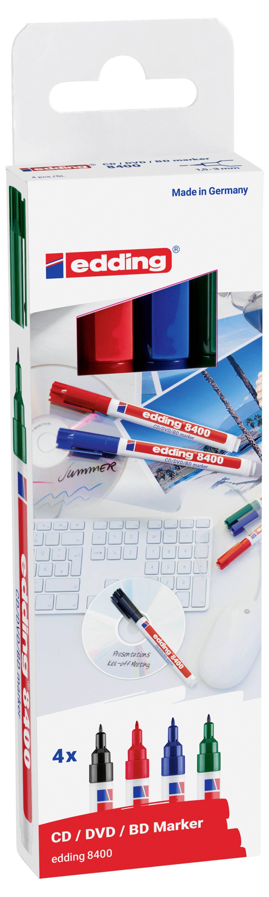 Edding EDDING - 8400 CD-Marker farbsortiert 0.5 - 1.0 mm 4 St. 4-8400-4-2 CD/DVD Marker Schwarz, Grün, Rot, Blau 0.5 mm,-1