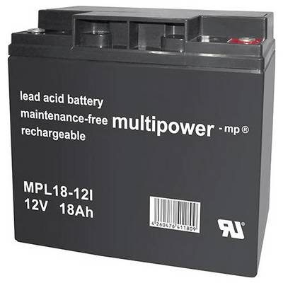 'Schwarze, rechteckige Bleisäure-Batterie von Multipower, Modell MPL18-12I, 12V 18Ah. Wartungsfrei und wiederaufladbar.'