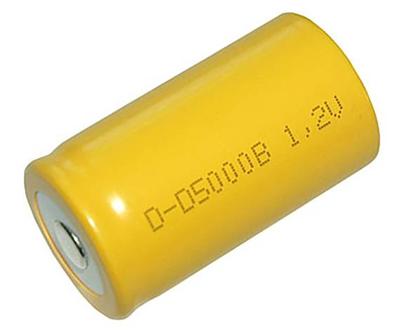 Eine gelbe zylindrische Batterie mit der Aufschrift 'D-05000B 1.2V', die Modell und Spannung anzeigt.