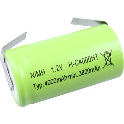 Eine grüne zylindrische NiMH-Batterie mit der Beschriftung '1,2V H-C4000HT', mit einer Kapazität von 'Typ. 4000mAh mind. 3800mAh', und einem Entsorgungswarnzeichen.