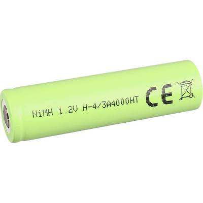 Eine grüne AA-Größe NiMH-Batterie mit der Beschriftung '1.2V H-4/3A4000HT', versehen mit CE-Kennzeichnung und einem durchgestrichenen Mülltonnen-Symbol.