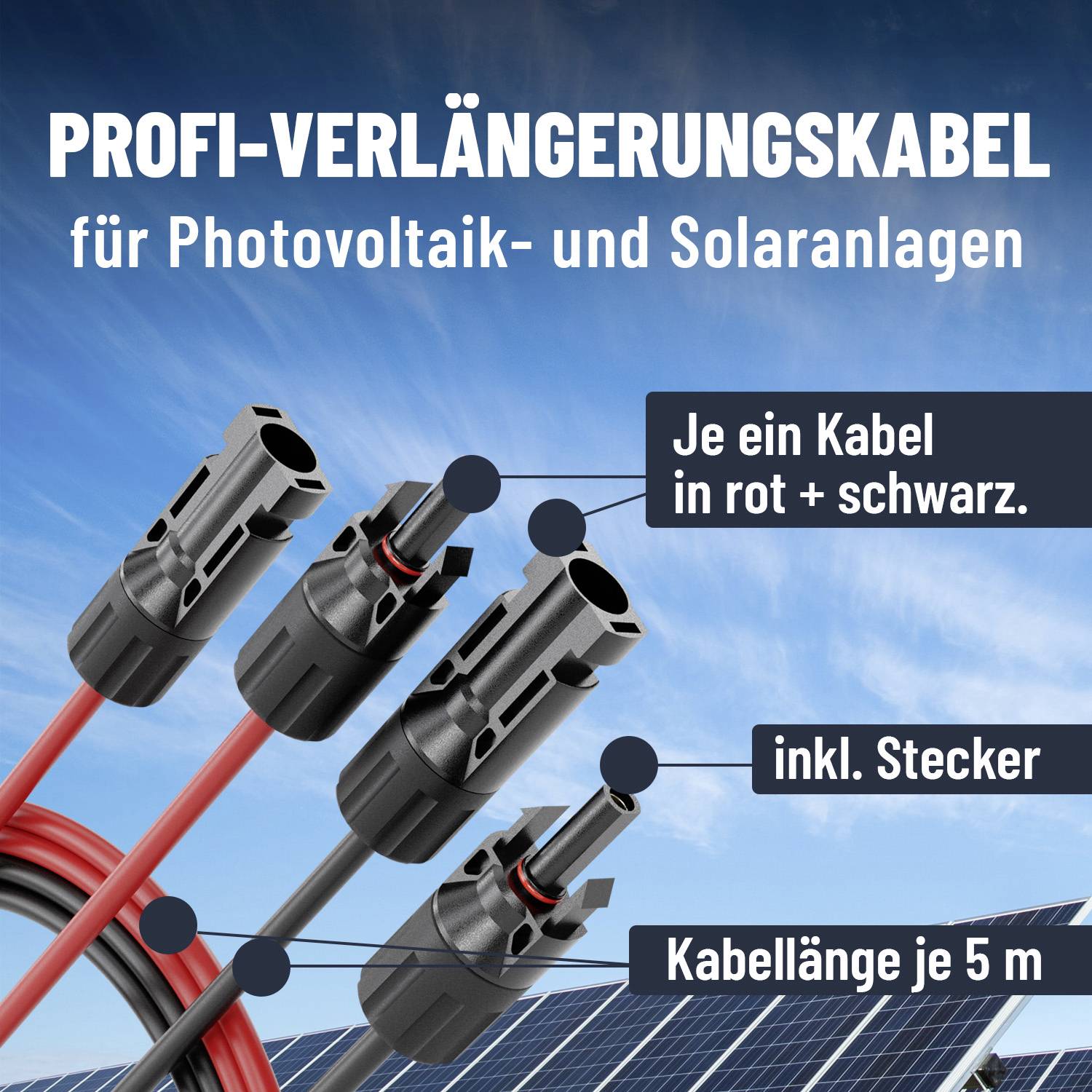 'Profi-Verlängerungskabel für Photovoltaik- und Solaranlagen' mit rotem und schwarzem Kabel, inkl. Stecker, Länge 5 m.