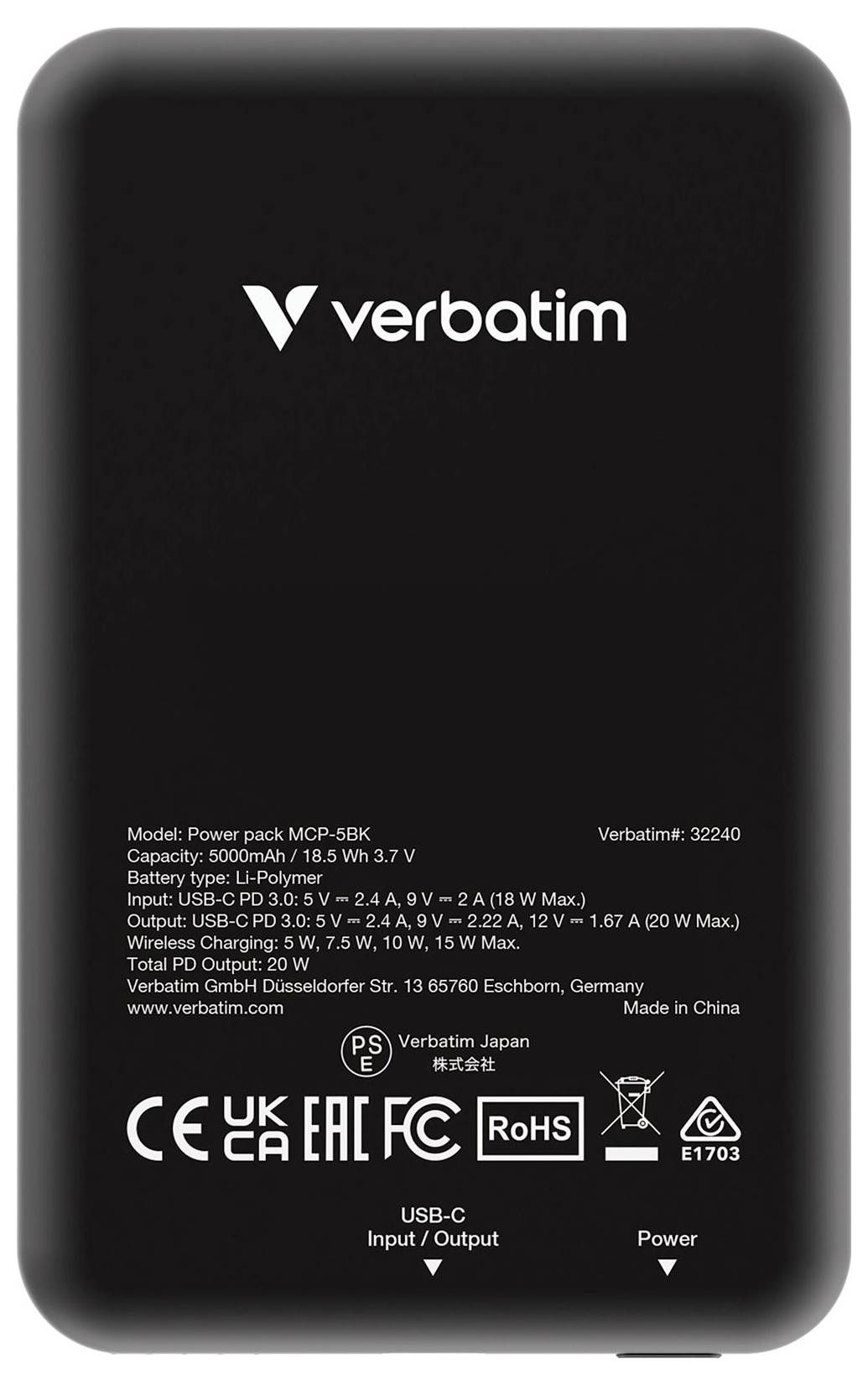 Schwarzes Verbatim Powerpack, Kapazität 5000mAh, zeigt technische Spezifikationen und Anschlussmöglichkeiten auf der Rückseite.