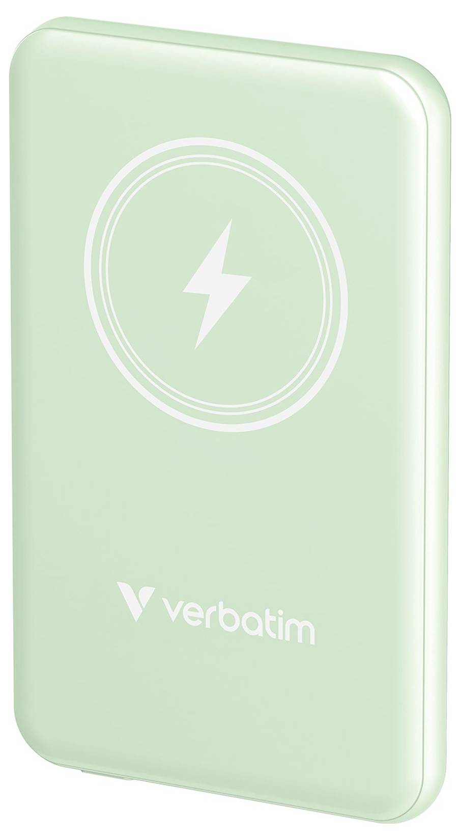 Eine grüne Powerbank mit einem Blitzsymbol und dem Logo 'verbatim', zeigt kabellose Ladefunktionalität.