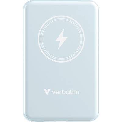 Externe Verbatim-Powerbank in Blau mit Symbol für kabelloses Laden auf der Vorderseite.