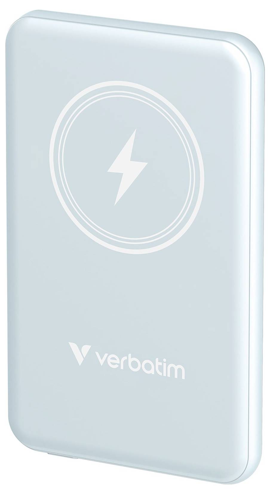 Ein tragbares Ladegerät der Marke Verbatim in hellblauer Farbe mit Ladungssymbol auf der Vorderseite.