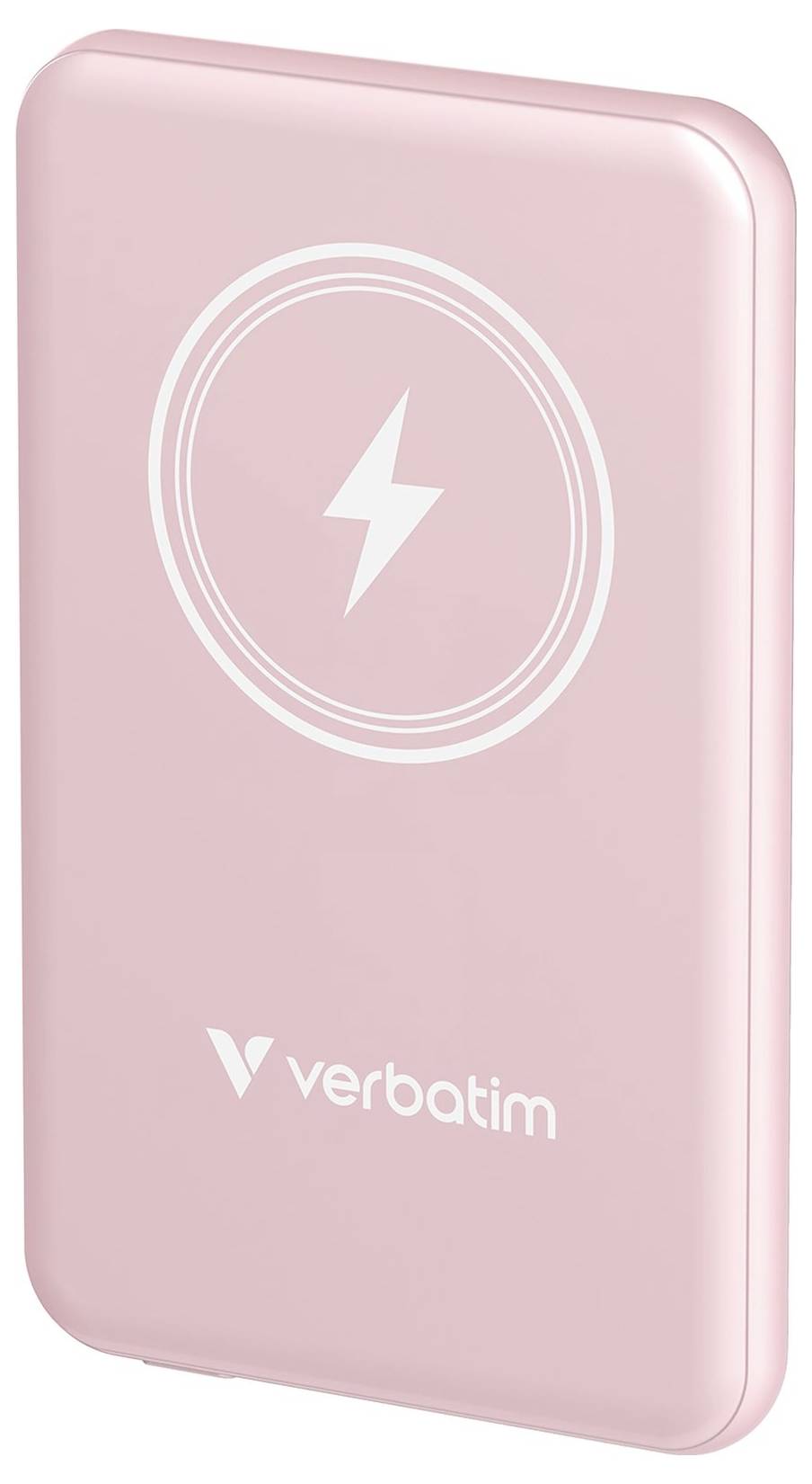 Rosa Powerbank von Verbatim mit einem Blitzsymbol darauf, das kabelloses Laden andeutet.