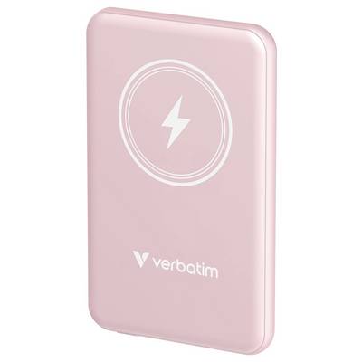 Rosa Powerbank von Verbatim mit einem Blitzsymbol darauf, das kabelloses Laden andeutet.