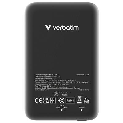 Eine schwarze Powerbank der Marke Verbatim mit einer Kapazität von 10.000 mAh. Modelle und technische Details sind aufgedruckt.