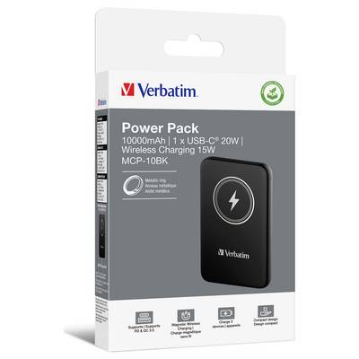 Verbatim Power Pack-Verpackung: 10000mAh, 1 x USB-C 20W, kabelloses Laden 15W, Modell MCP-10BK. Enthält magnetischen Anschluss.