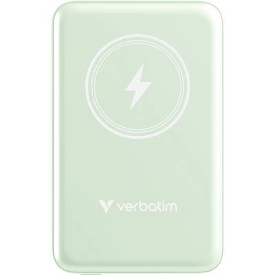 Eine mintgrüne tragbare Powerbank mit einem Blitzsymbol oben und dem 'Verbatim'-Logo unten.