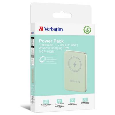 Verpackung eines tragbaren Verbatim Power Packs mit 10000mAh, USB-C-Ausgang und kabelloser Ladefunktion, Modell MCP-10GN.