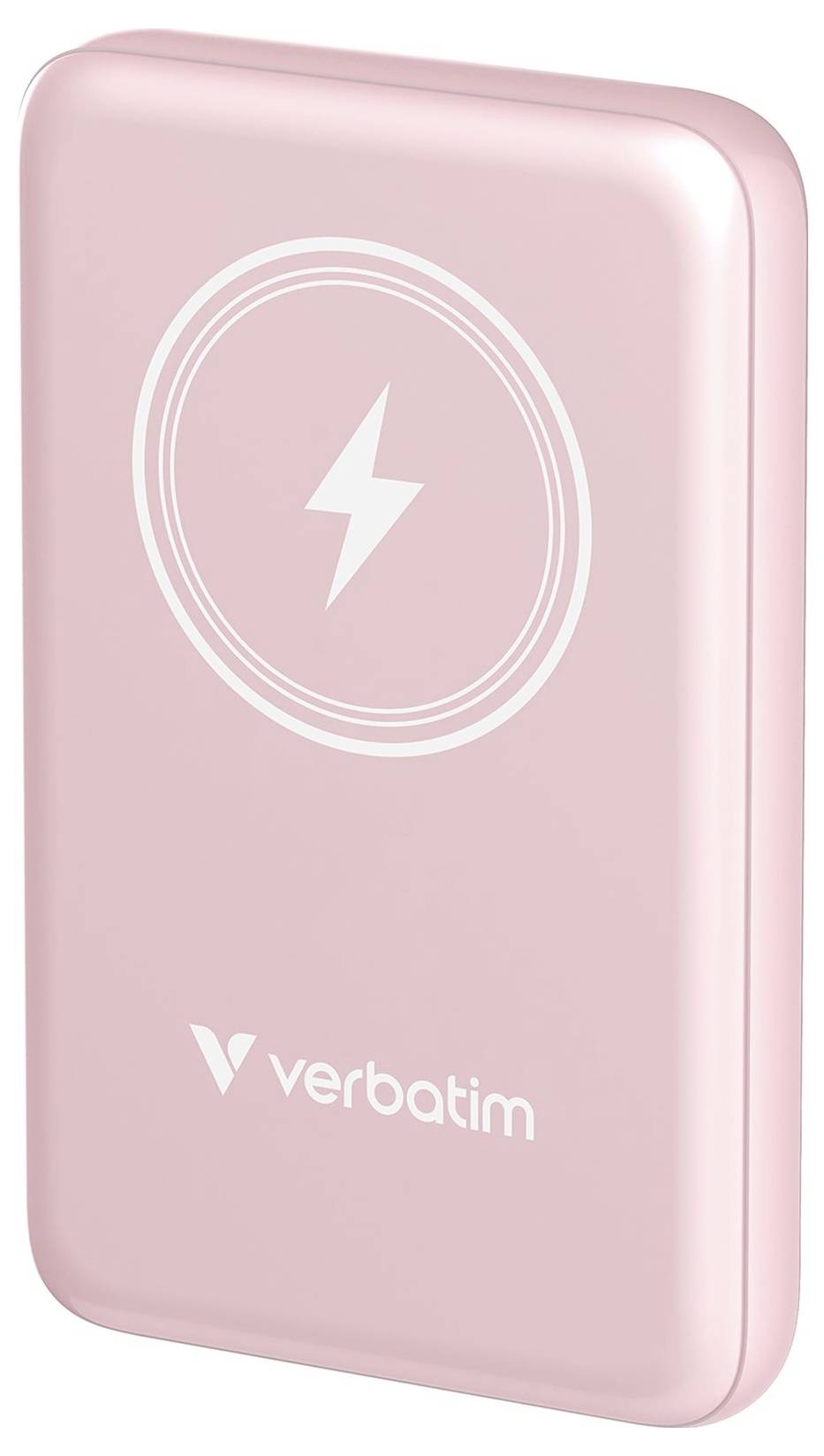 Ein rosa kabelloses Ladegerät mit Blitzsymbol und Verbatim-Logo, das zum Laden von kompatiblen Geräten verwendet wird.