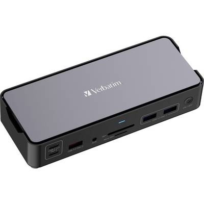 Schwarzes Verbatim-Dockingstation mit mehreren Anschlüssen, darunter USB, HDMI und Kartenleser, für Verbindung und Datenübertragung.