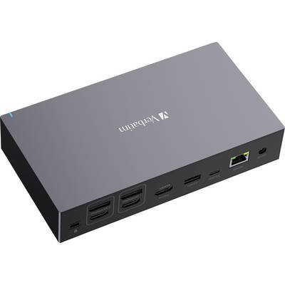Rechteckige, dunkle Anschlussbox mit mehreren Anschlüssen, inklusive HDMI, Ethernet und USB, für erweiterte Konnektivität.