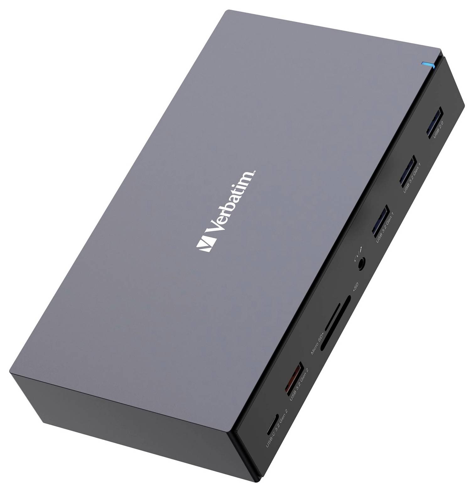 Externe Verbatim Festplatte mit mehreren USB-Anschlüssen und Steckplätzen für Speicherkarten, ideal zur Datenübertragung und -speicherung.