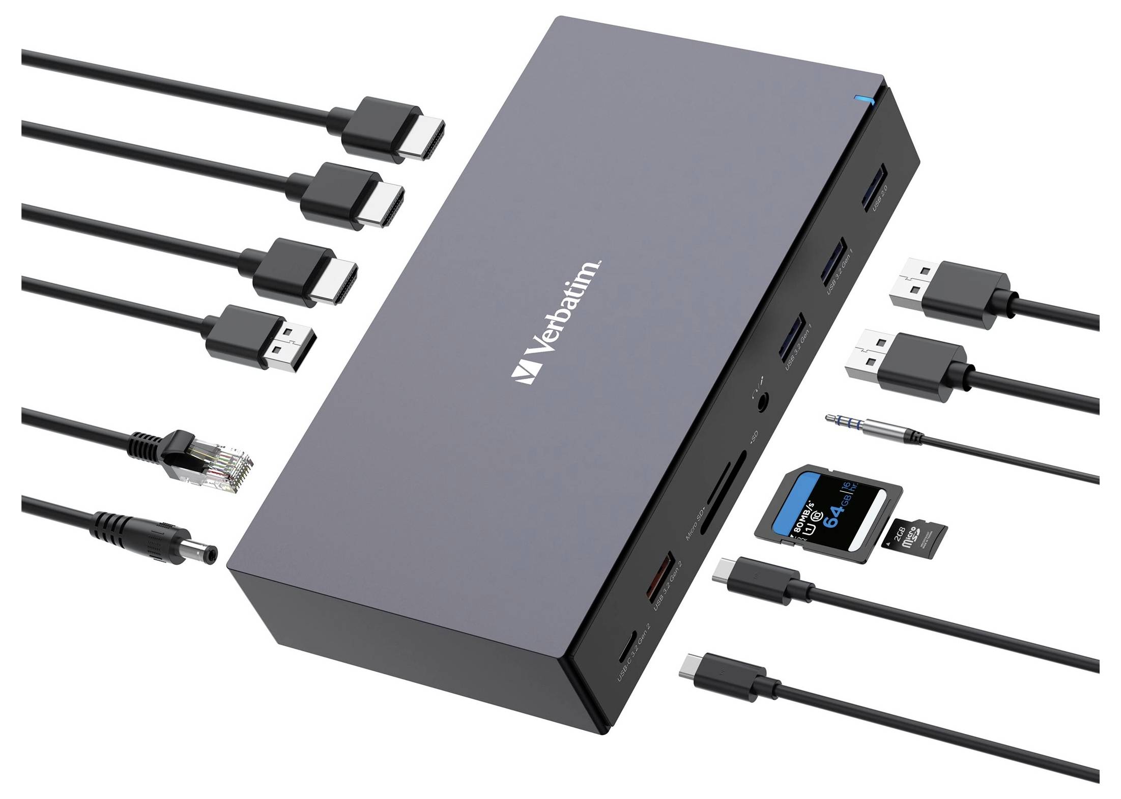 USB-C-Dockingstation mit mehreren Anschlüssen: HDMI, Ethernet, USB-A, USB-C, SD-Kartenleser und Audio, begleitet von passenden Kabeln.
