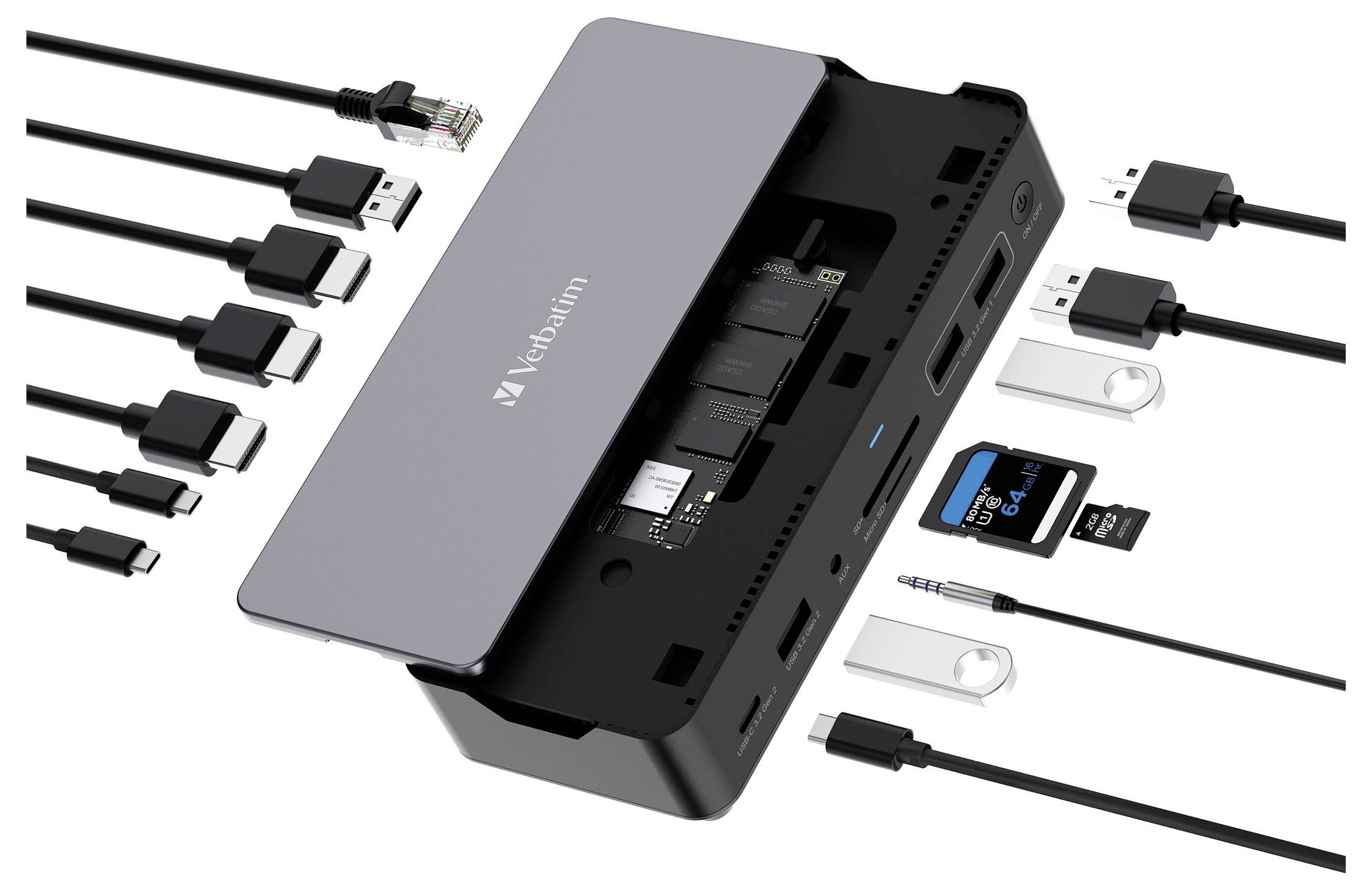 Ein schwarzes Dock mit Metalloberfläche zeigt mehrere Anschlüsse: HDMI, USB, Ethernet und SD-Karte. Verschiedene Kabel sind angeschlossen.