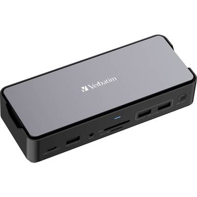 Ein schwarzer Verbatim-Hub mit mehreren Anschlüssen, darunter USB- und SD-Kartensteckplätze, vor einem neutralen Hintergrund.