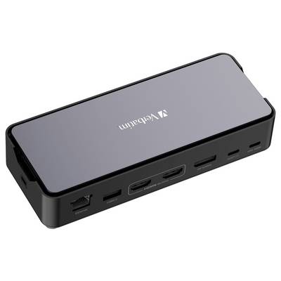 Ein rechteckiger Adapter mit mehreren Anschlüssen, einschließlich HDMI, USB und Ethernet, mit einem Markennamen 'Verbatim' darauf.