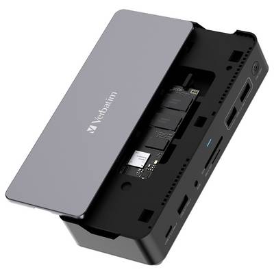 Externe Festplatte und Dockingstation von Verbatim mit mehreren Anschlüssen, darunter USB und Kartenslots, sowie einem offenen Steckplatz für eine SSD.