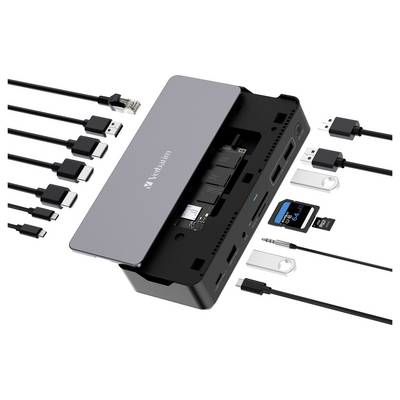 Multifunktionaler USB-C-Hub mit verschiedenen Anschlüssen: HDMI, Ethernet, USB-A, USB-C, SD-Kartenleser, Audiobuchse und mehr.