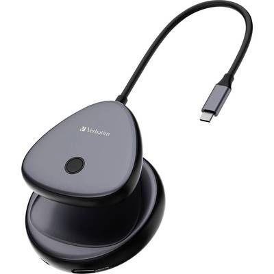 Ein schwarzes USB-C-Dock von Verbatim mit mehreren Anschlüssen und einem Kabel, platziert auf einem weißen Hintergrund.