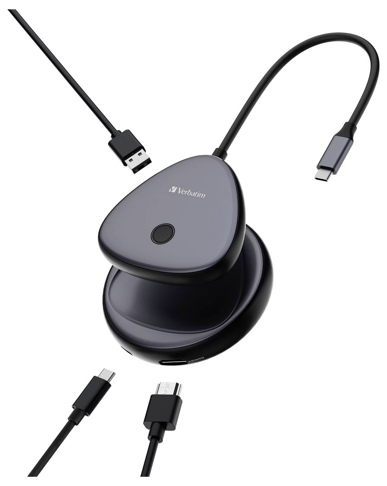 Ein dunkler, dreieckiger Adapter mit mehreren USB-Anschlüssen: USB-C, USB-A. Ideal für Datenübertragung und Aufladen.