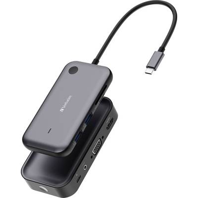 USB-C-Hub mit mehreren Anschlüssen: HDMI, VGA, USB, SD-Kartenleser. Kompaktes Design, tragbar, vielseitig für Computerverbindungen.