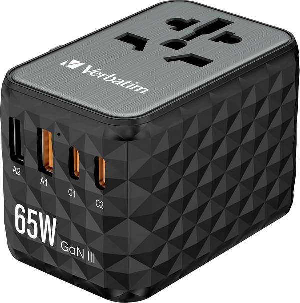 Verbatim UTA-05 GaN III USB Ladegerät 65 W 2x USB-A, 2x USB-C® USB PD, USB PD 3.0, QC 4+, Fast Charge, SuperCharge, Adaptive Fast Charge, PPS Schwarz, Grau  GaN