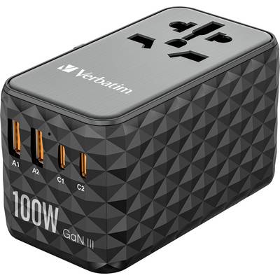 Ein schwarzes, rechteckiges USB-Ladegerät mit drei USB-Anschlüssen, verschiedenen Steckertypen und der Aufschrift '100W GaN III'.