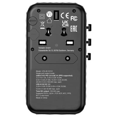 'Schwarzes, rechteckiges Ladegerät mit zwei USB-C-Anschlüssen und Anschluss für EU-Steckdose. Technische Daten und Marken in Weiß aufgedruckt.'