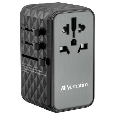 Multi-Steckeradapter aus schwarzem Kunststoff mit mehreren international kompatiblen Steckdosen. Marke 'Verbatim' vorne zu sehen.