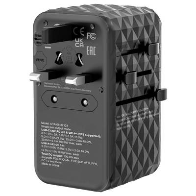 Schwarzer Universaladapter mit mehreren Steckdosenanschlüssen und Spannungseinstellungen. Geeignet für Reisen in verschiedene Länder.