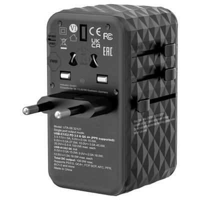 Reiseadapter mit zwei Steckdosen und USB-Anschlüssen. Markierungen: UKCA, CE. Geeignet für verschiedene Ländersteckdosen.